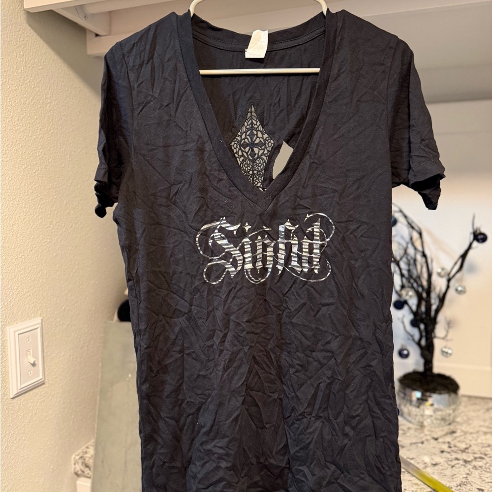 Sinful Black V-Neck Tee with Silver Graphic